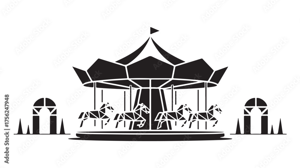 Naklejka premium Whimsical carousel with geometric horses evokes childhood joy and festive amusement park wonder, perfect for playful designs and nostalgic themes
