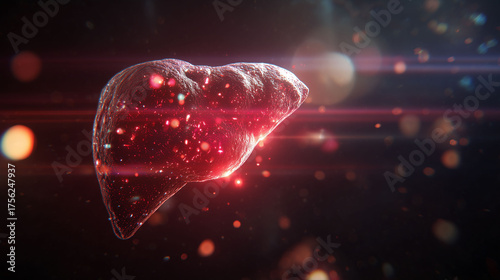 A liver appears illuminated, surrounded by light particles and beams. The liver, particles, and beams create a dynamic visual effect. The liver's surface and particles generate reflections.
