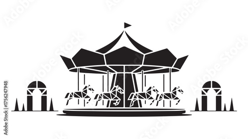 Whimsical carousel with geometric horses evokes childhood joy and festive amusement park wonder, perfect for playful designs and nostalgic themes
