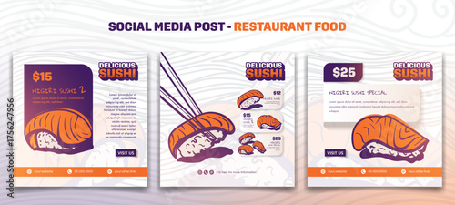 Set of sushi social media post template with sushi food in hand drawn design
