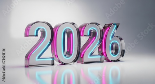 3d rendering of the year 2026 in metallic font with neon lights