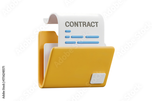 3d illustration icon of contract document inside yellow folder. Isolated on transparent background, png