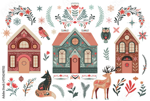 Vector collection with winter houses, forest animals, trees, snowflakes, decorative elements. Set of Christmas elements
