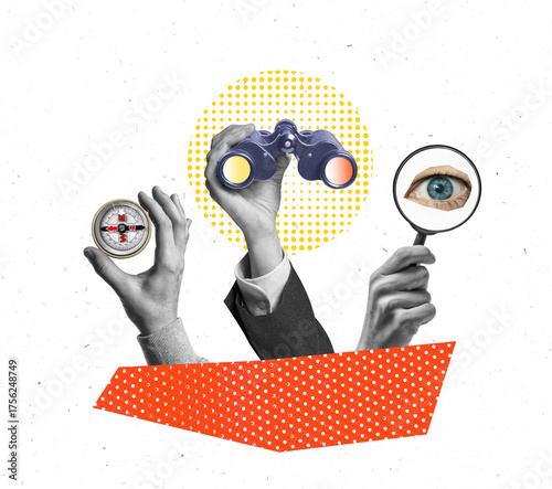 Art collage with hands holding binoculars, compass, and magnifying glass, search and analys information, business ideas, direction and strategy. Concept of vision and analysis.