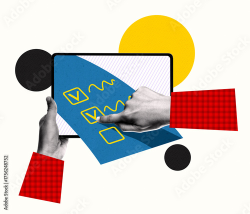 Art collage showing one hand holding a digital tablet and another checking a form. Concept of online survey, feedback, marketing research, or tax form completion.