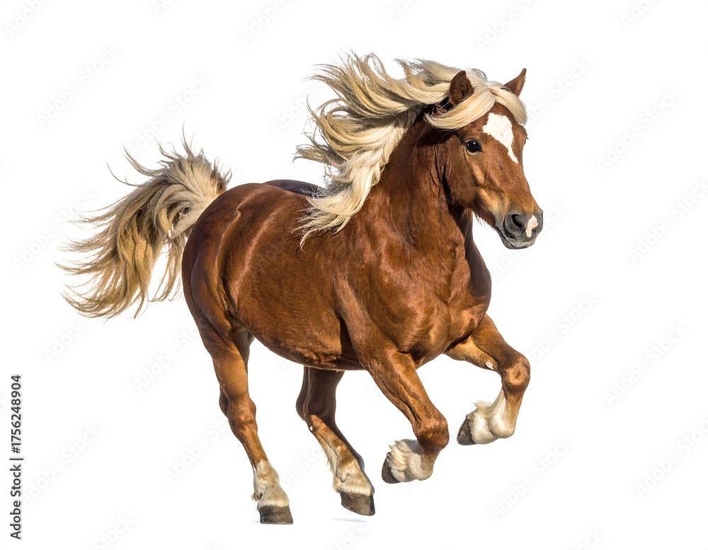 Obraz premium A beautiful chestnut horse, mane flowing wildly, gallops against a clean white background. The animal is captured in full motion, showcasing power