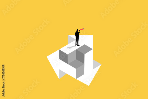 Confusing businessman looking at multiple arrow sign thinking which way to go. Business decision making, career path, work direction or choose the right way to success concept