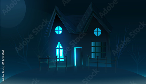 haunted house with glaring light inside,moon and blue mist ambiance on the background