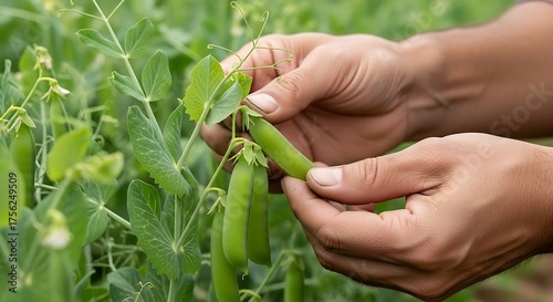 Closeup of a persons hands gently holding a fresh green pea pod on a vine, with more pea plants in the blurred background, suggesting organic farming and healthy eating