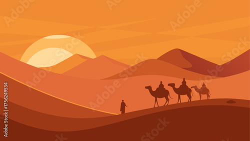 Caravan crossing desert at sunset scene
