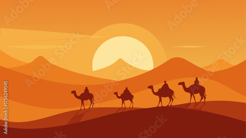 Camels caravan in desert during sunset time