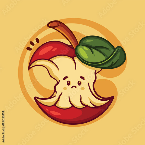 Sad Bitten Apple Core Cartoon Character