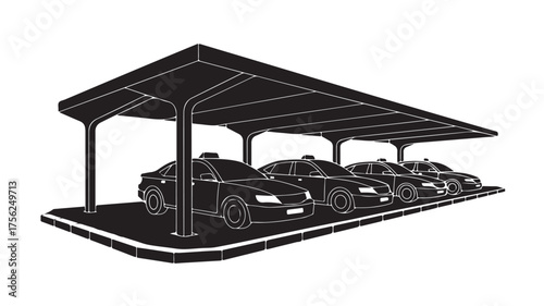 Modern taxi stand illustration showcasing a row of sleek black cars waiting under a minimalist shelter, perfect for urban transport concepts and city services.