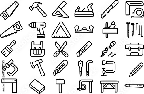 Vector outline, icon pack, icon sheet, carpentry tools theme