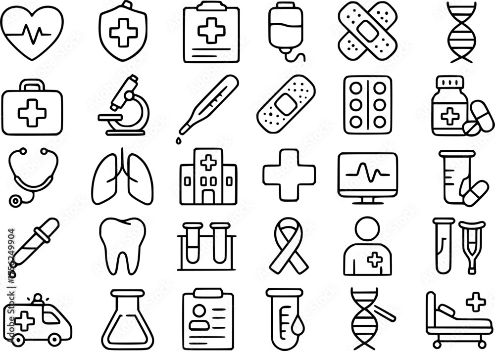 Naklejka premium Vector outline, icon pack, icon sheet, medical theme