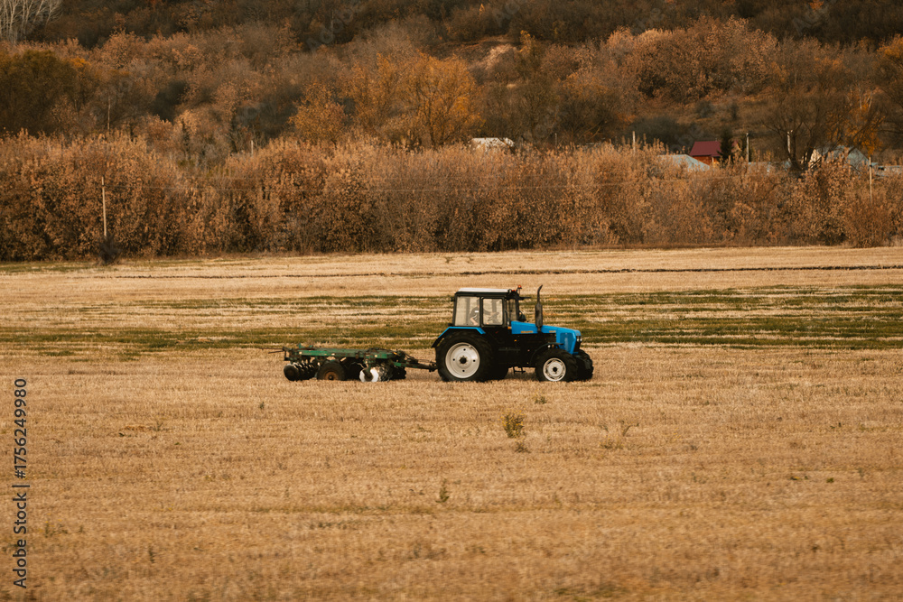Obraz premium blue tractor drives across an autumn field, copy space