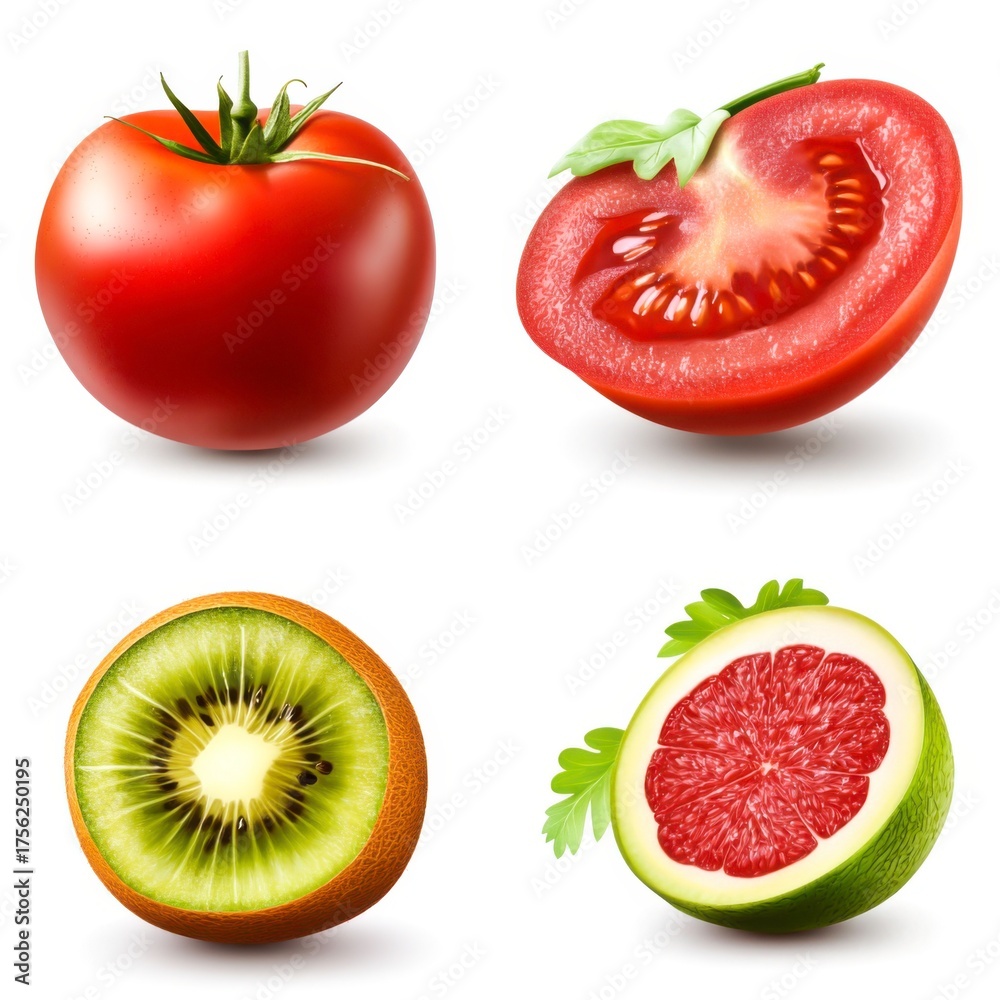 Fototapeta premium Fresh Fruits and Vegetables Collection: Tomato, Kiwi, Orange, Grapefruit Slices
