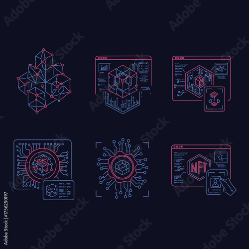 A modern illustration set depicting blockchain, non-fungible tokens, and decentralized digital assets, highlighting virtual asset management and digital innovation concepts.