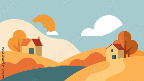 Houses landscape with lake and autumn trees