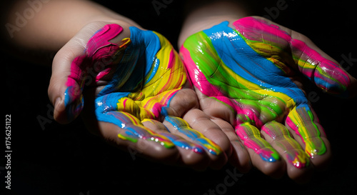 Colorful hands with bright paint, a symbol of creativity and artistic expression