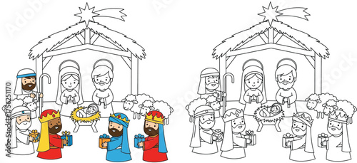 Nativity Scene with Three Kings and Holy Family Coloring Page