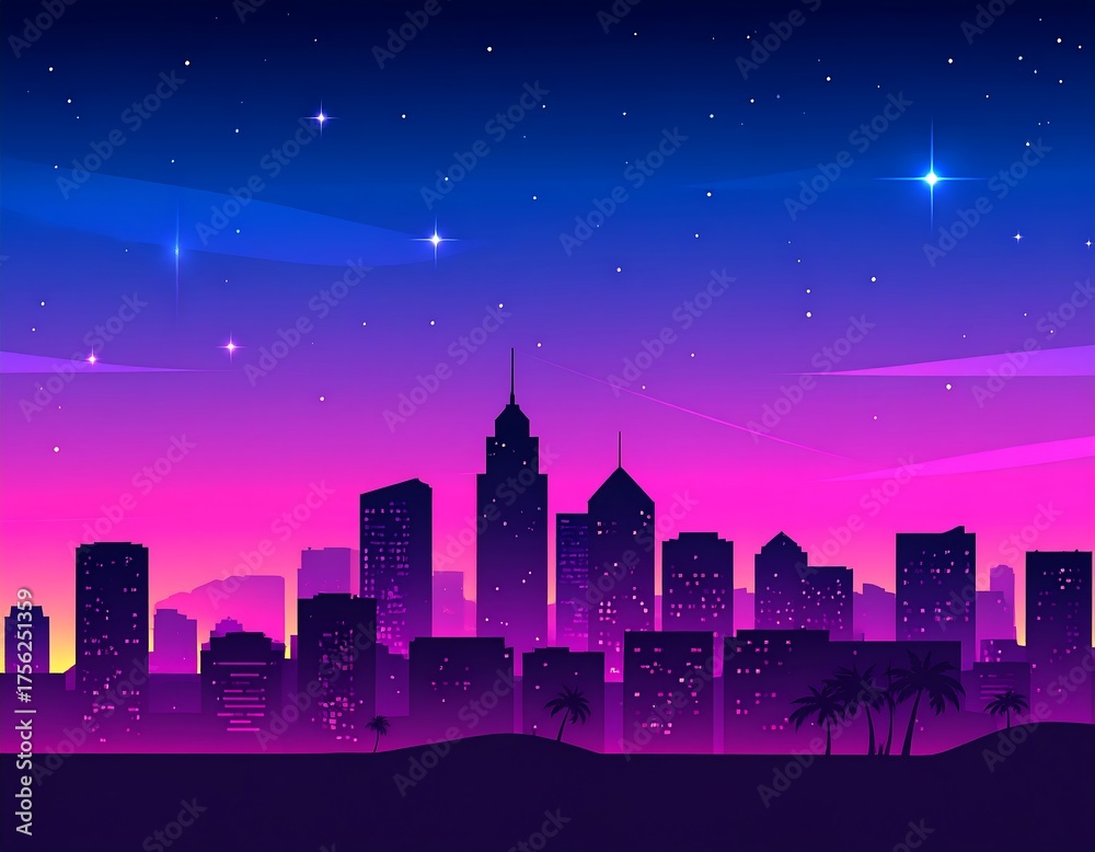 Fototapeta premium Cartoon city skyline silhouetted at night with purple and blue sky dotted with stars and palm trees in the foreground