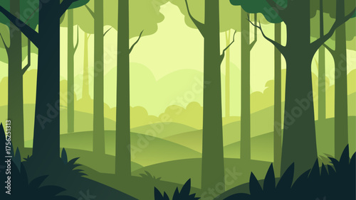 Illustration of a dense green forest view