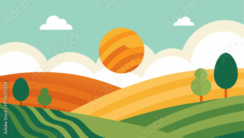 Landscape with fields sun and cloud scene