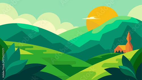 Green hills with a building and sun view