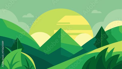 Illustration of green hills and yellow sun