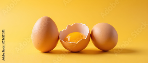 Fresh eggs on vibrant yellow background, showcasing one cracked egg with bright yolk. scene evokes warmth and simplicity