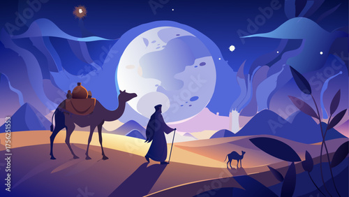Camel and man in desert landscape at night
