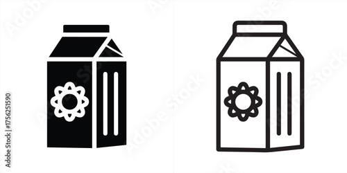 Vector art of black and white icon of a milk carton with a flower emblem