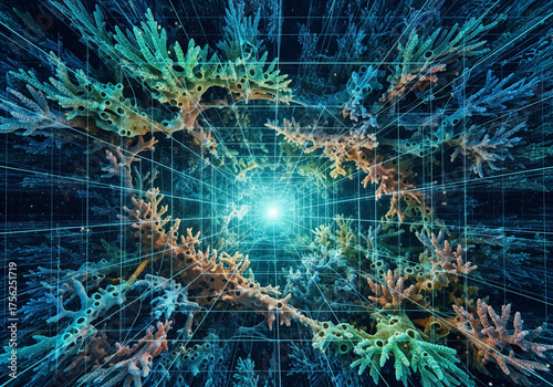 Abstract journey through a bio-digital tunnel of glowing fractal coral, a surreal visualization of cyberspace and network technology