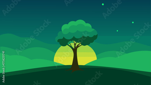 A tree with a sunset and green fireflies