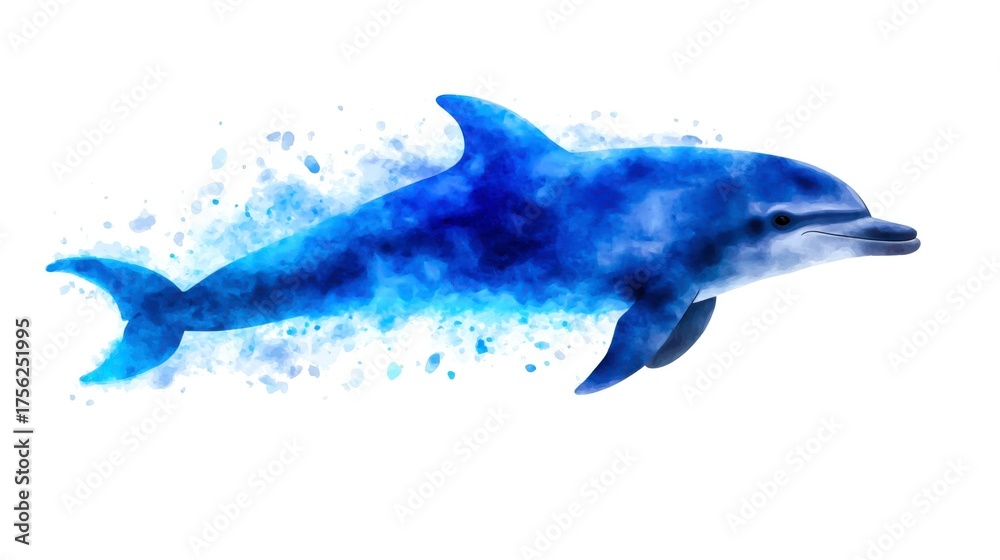 Fototapeta premium Beautiful Watercolor Dolphin Swimming Gracefully Through Vibrant Ocean Blue Waves