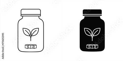 Vector art of two icons of a bottle with a plant sprout and pills, one black and white outline, one solid black