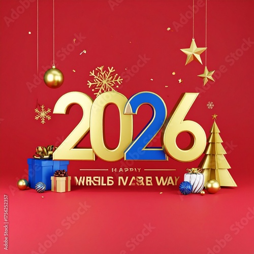 A creative 2026 template design featuring elegant 3D typography and festive composition. New Year posters, digital banners, social media greetings, marketing templates, Christmas Day Design 2026 