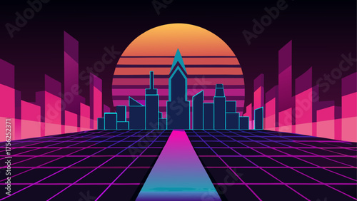 Retro city landscape with sunset and grid