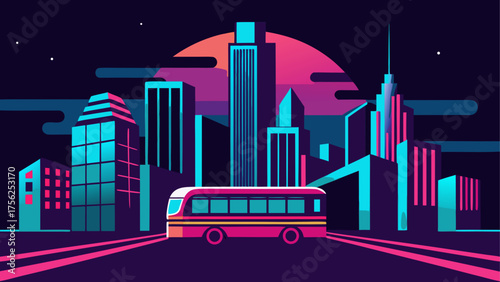 City skyline with bus and sunset artwork
