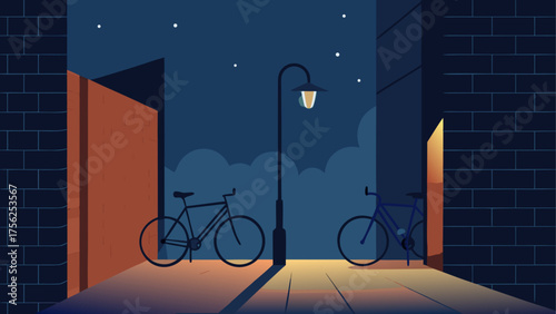 Bicycles parked under a street light at night