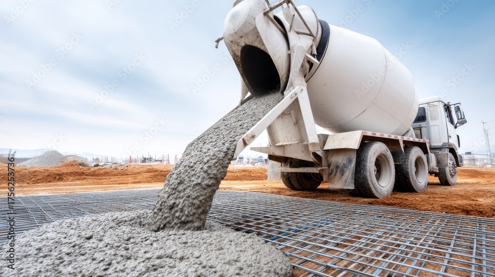 custom made wallpaper toronto digitalA concrete mixer truck releases a steady flow of wet cement onto a steel mesh framework at a bustling construction site. The scene is set against a backdrop of a bright blue sky and raw earth