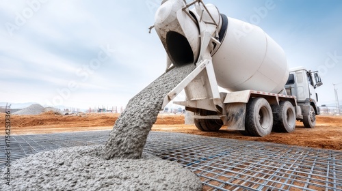Wallpaper Mural A concrete mixer truck releases a steady flow of wet cement onto a steel mesh framework at a bustling construction site. The scene is set against a backdrop of a bright blue sky and raw earth Torontodigital.ca