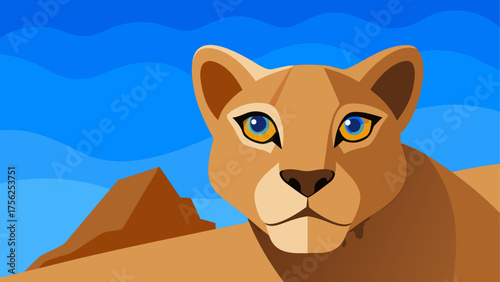 Close up of a lioness with blue sky view