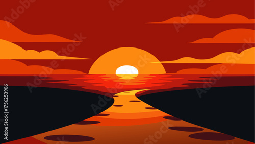 Sunset over the water with orange clouds