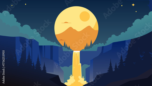 Landscape with waterfall and full moon view