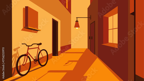 Bicycle parked in a narrow street scene