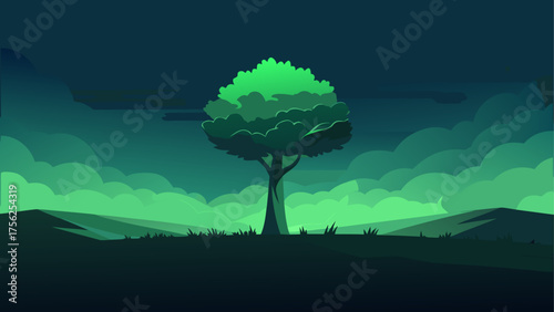 Illustration of a tree in a green landscape