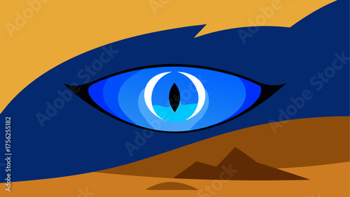 A stylized blue eye over desert landscape