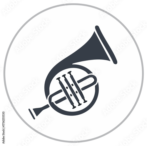 Simple black French horn icon in a circle. Brass wind instrument vector graphic for music or orchestra.
